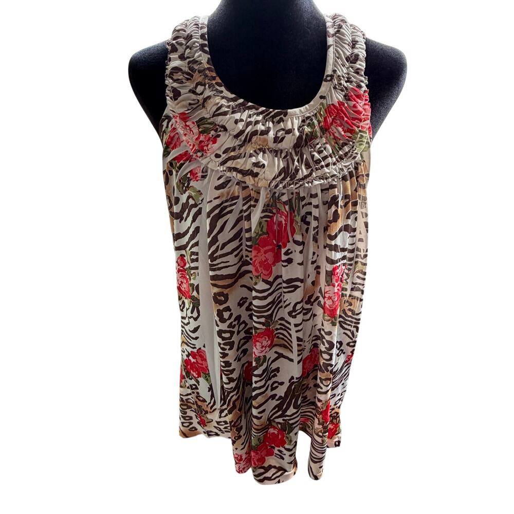 Floral Animal Print Sleeveless Top w/ Lace Overlay Bodice – Boho Cottagecore